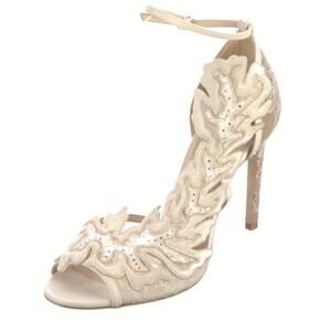 Jimmy Choo White Bridal Heels‎ Strappy Floral Lace Crystal Wedding Pump EU39.5